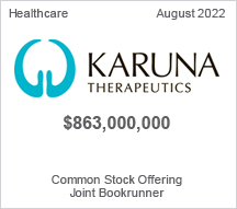Karuna Therapeutics - $863 million Common Stock Offering - Joint Bookrunner