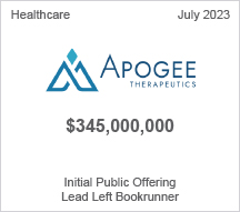 Apogee - $345 million Initial Public Offering - Lead Left Bookrunner