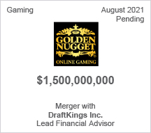 Golden Nugget - $1.5 billion - Merger with DraftKings Inc. - Lead Financial Advisor