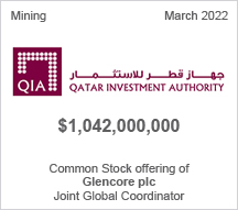 Qatar Investment Authority - $1.042 billion Common Stock offering of Glencore plc - Joint Global Coordinator