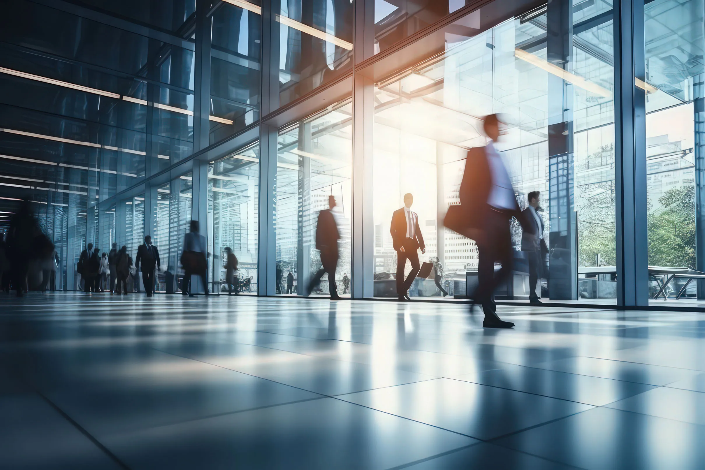 Investment banking and capital markets professionals in busy building lobby