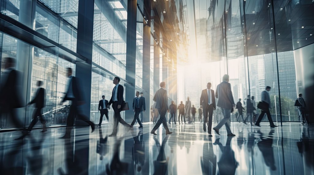 Investment banking and capital markets professionals in busy building lobby