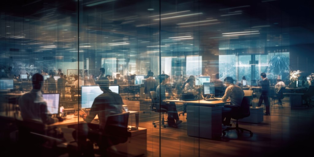 Office workers seen through glass partition