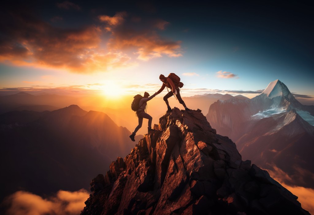 Hiker helping friend reach the mountain top