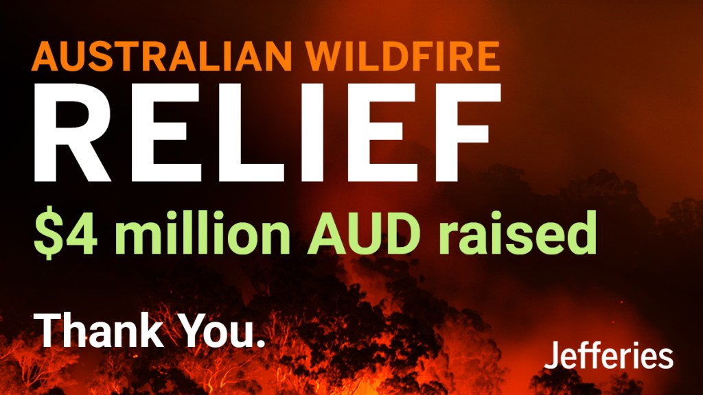 Australian Wildfire Relief. $4 Million Raised text over red fire filled background