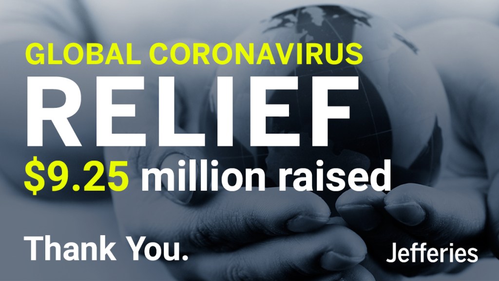 Global Coronavirus Relief. $9.25 million raised over a hand holding globe