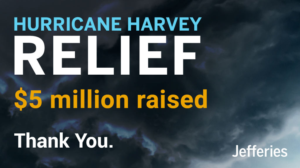 Hurricane Harvey Relief. $5 million raised over a hand dark storm clouds