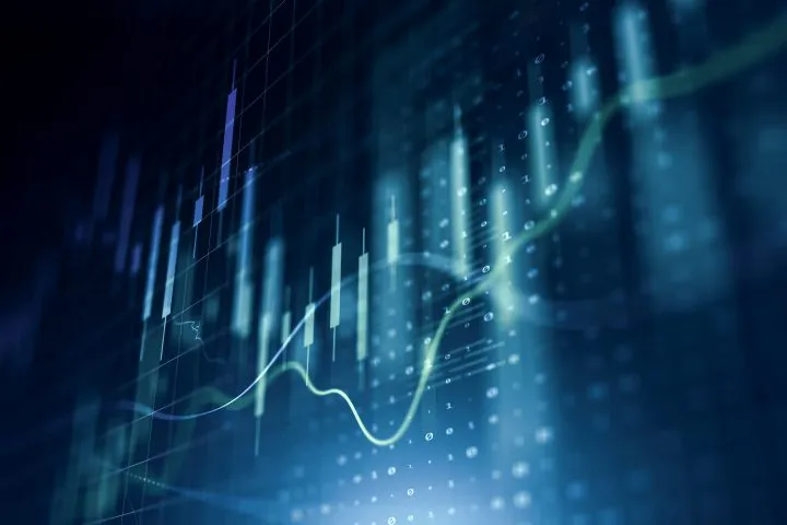 A line and bar chart suggestive of stock performance in outsourced trading